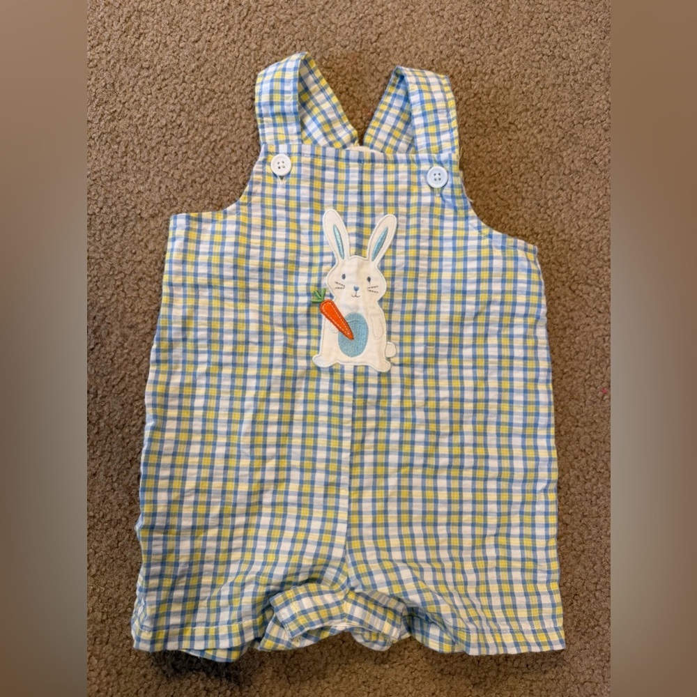 Plaid Baby Romper/jon Jon with Easter Bunny Patch